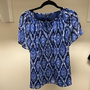 Talbots Blue Flutter Sleeve Graphic Blouse